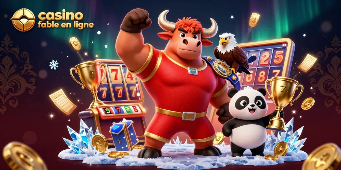 Image captivante d'un casino fiable en ligne avec un taureau mascotte triomphant, un aigle et un panda, entourés de trophées et de jetons.