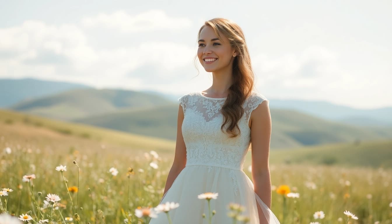 Experience the elegance of light & airy photography with a bride glowing in a sunlit meadow.