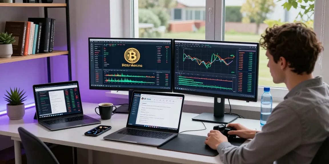 Bitcoin mining analysis in a modern workspace with cryptocurrency trading setups and monitoring tools.