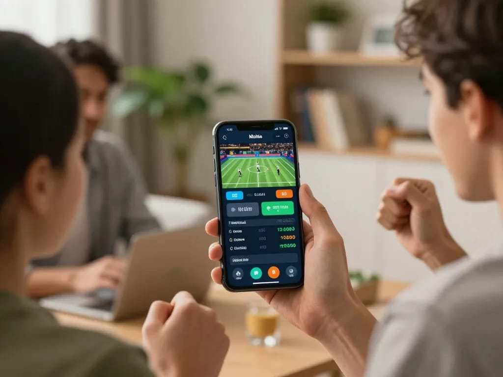 Sports betting experience at KK55 with a player celebrating a win on a smartphone.