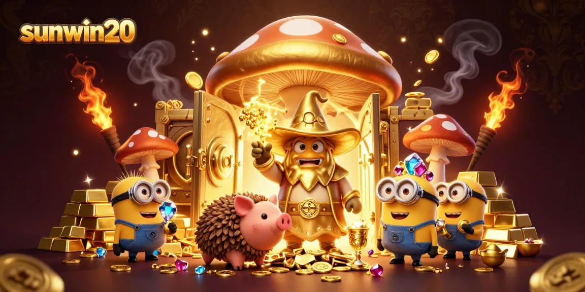 Experience the magic of sunwin20 with gold treasures and characters in a vibrant casino scene.