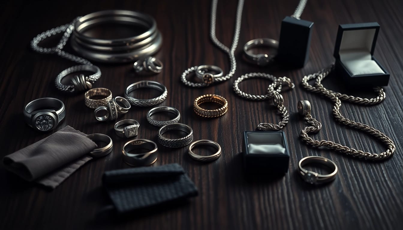 Showcase of men's jewelry items beautifully arranged on a dark wood surface.