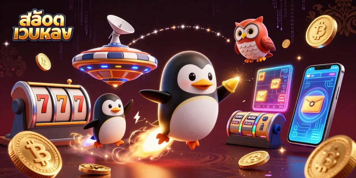 Experience thrilling action with สล็อตเว็บตรง as a vibrant golden penguin navigates a cosmic casino.