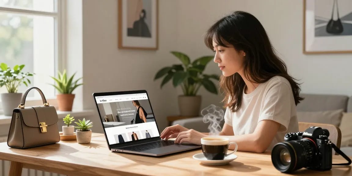 Young woman engaging in online shopping at shs-dome5.com in a cozy urban setting.