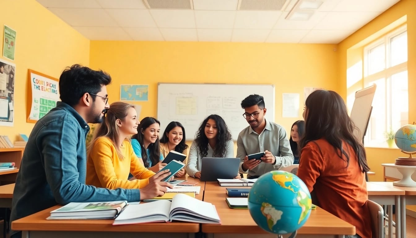 Education-focused classroom with diverse students engaging collaboratively.