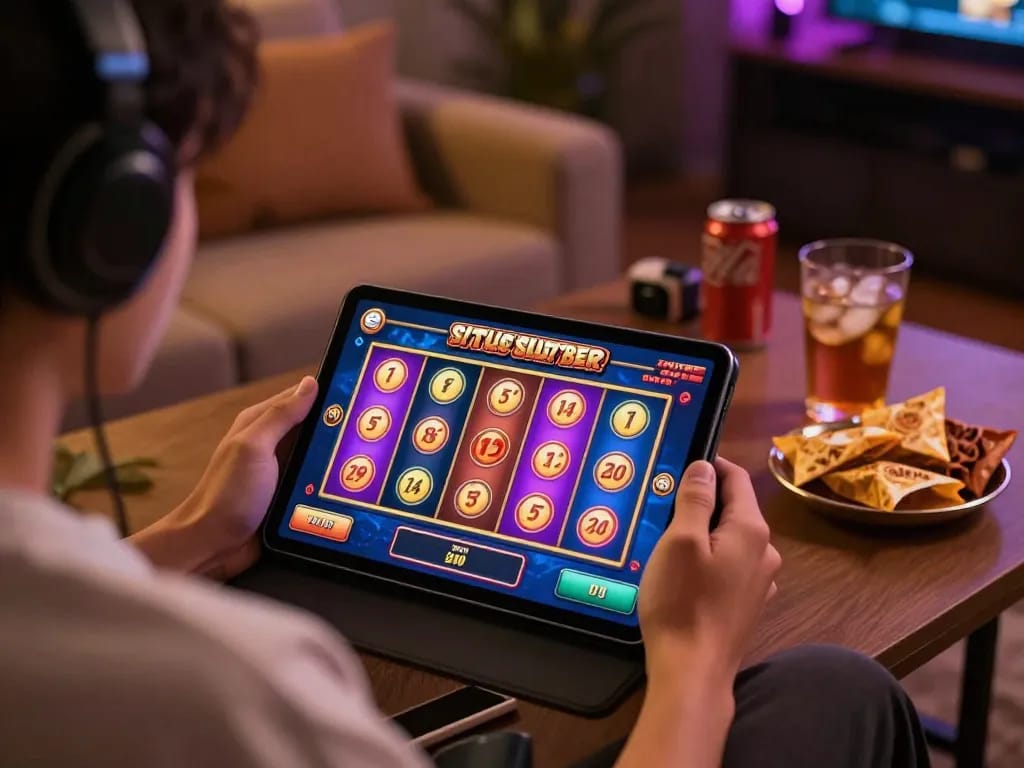 Engaged player enjoying situs slot bet 200 on a tablet, showcasing vibrant slot graphics and warm ambiance.