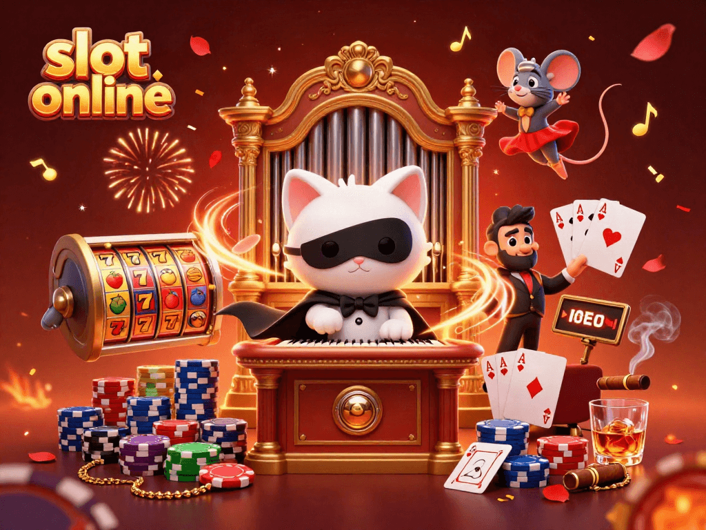 Experience the thrill of slot online games with a vibrant casino scene featuring dynamic characters and rich symbols.