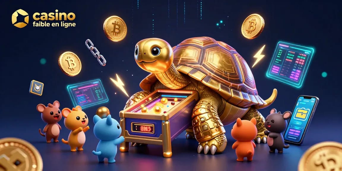 Jouez au meilleur casino fiable en ligne avec une illustration 3D de tortue dorée et des éléments de jeu dynamiques.