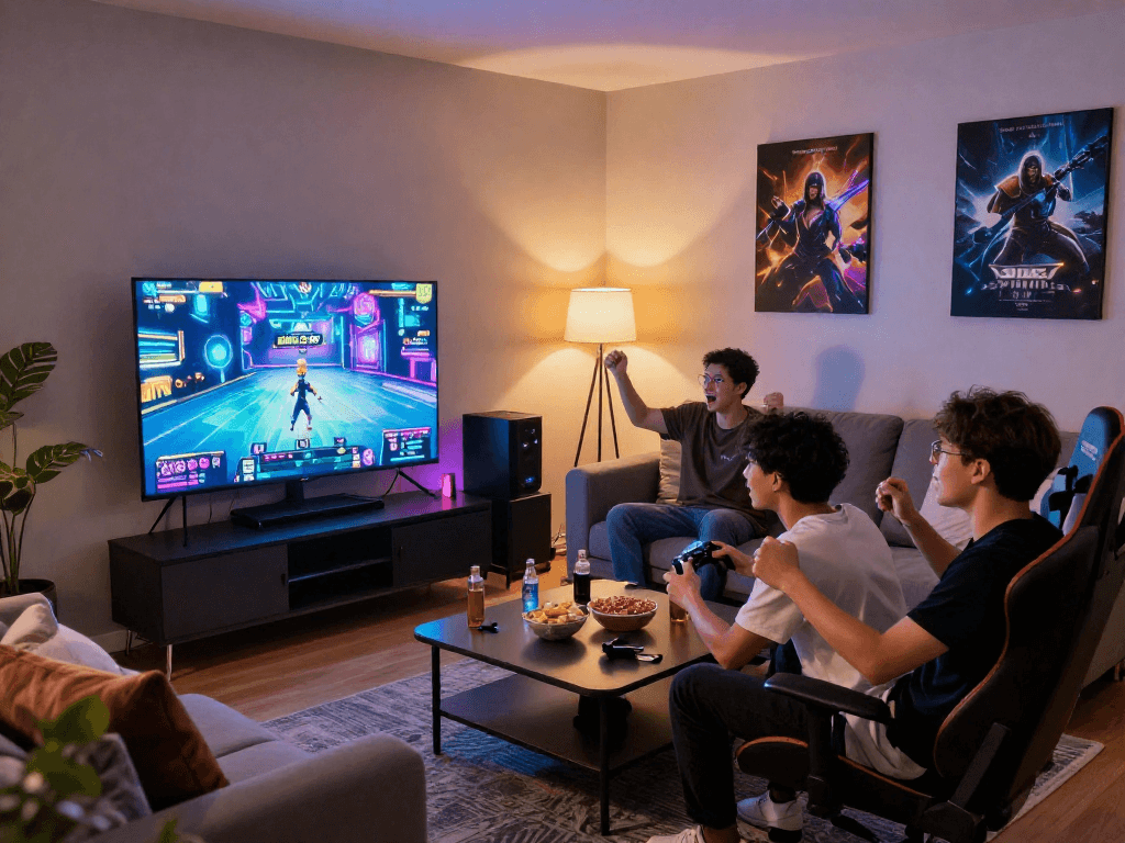Hòa mình vào không khí chơi game hấp dẫn với Tải xuống ứng dụng Jin88 cùng bạn bè trong phòng khách hiện đại.