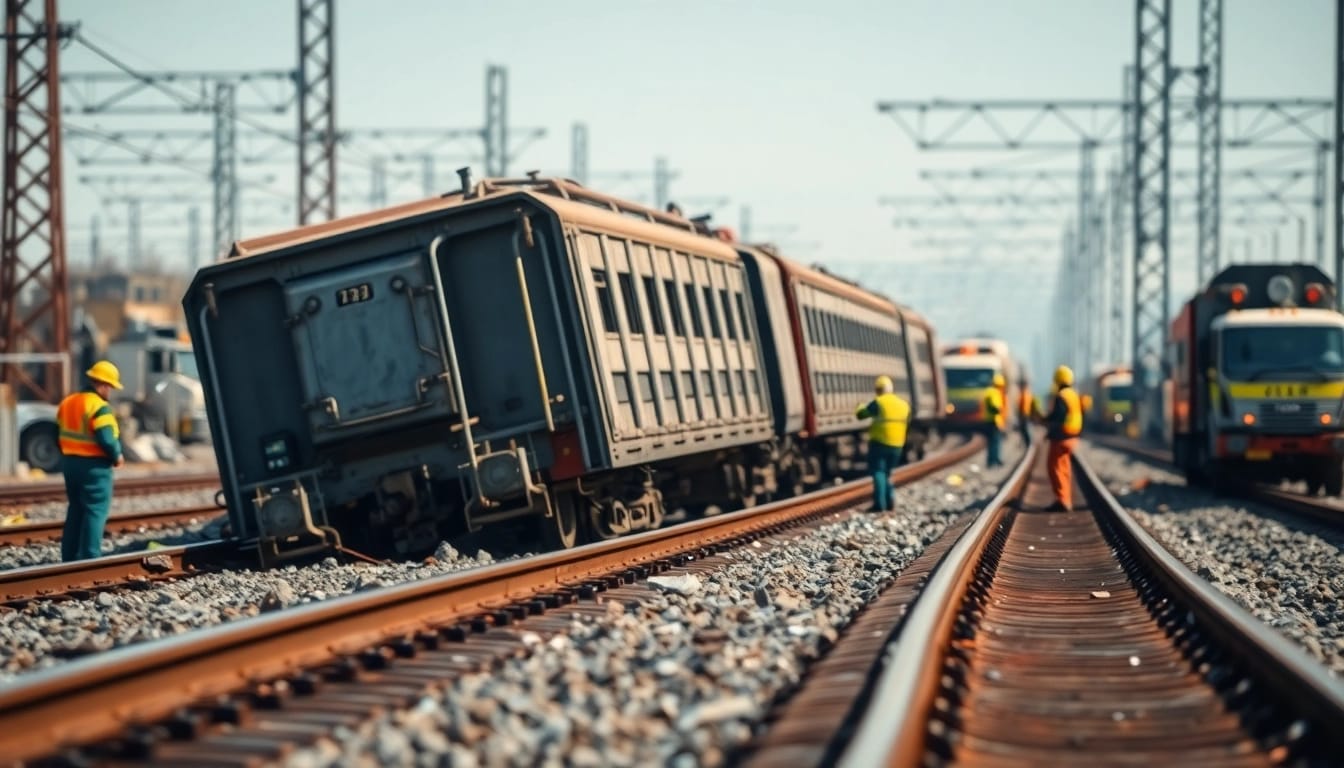 Train derailment recovery scene highlighting the aftermath of a derailment incident with responders on-site.