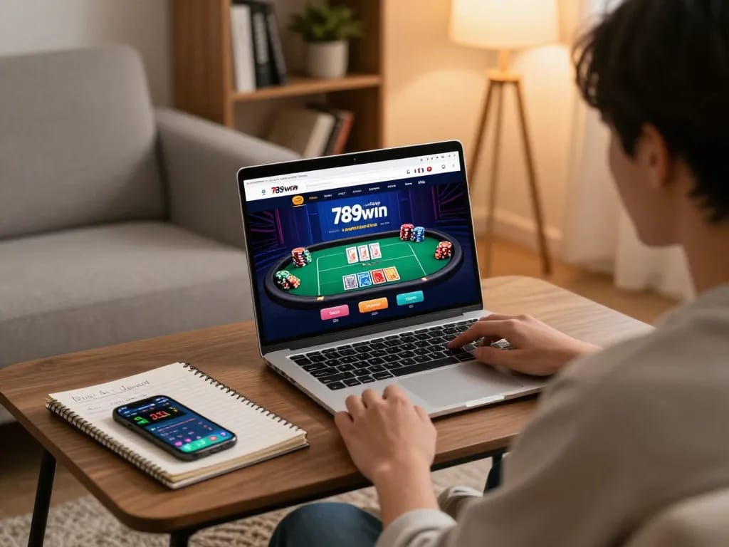 Access the đăng nhập 789win online casino platform from a cozy home setup featuring a user engaged in exciting gameplay.