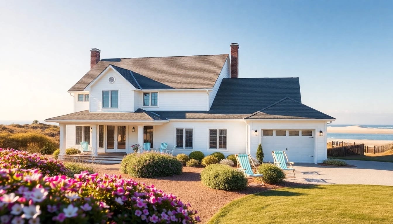 Cape Cod home showcasing an elegant expansion and attached garage in a serene coastal setting.