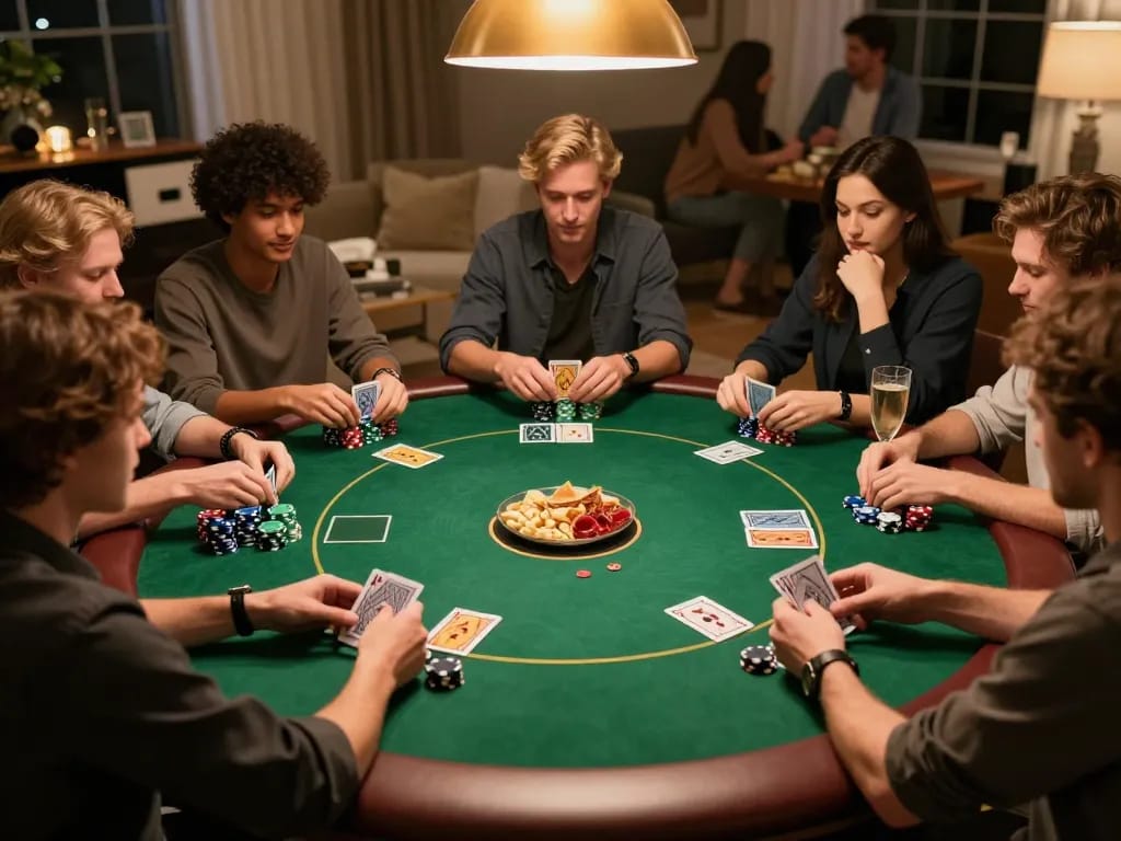 Players enjoying a lively poker game at home with green felt table, reflecting hidden wiki dark web for holistic betting strategy.