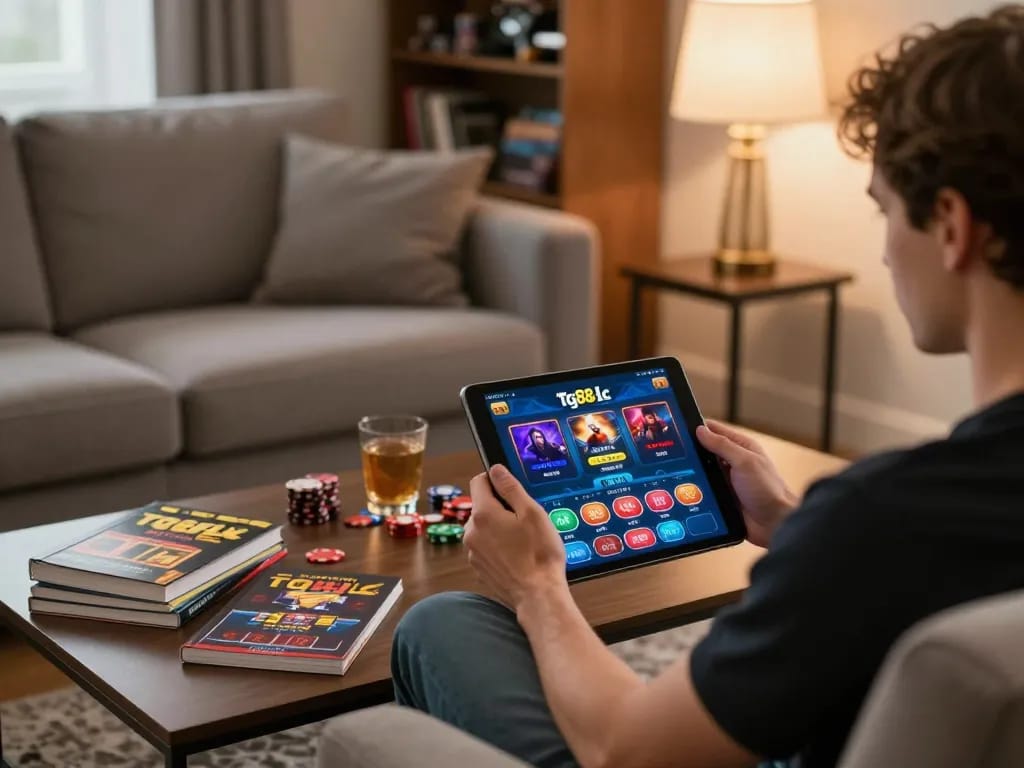 Person enjoying online gaming on the tg88-lc app at home in a cozy setting.