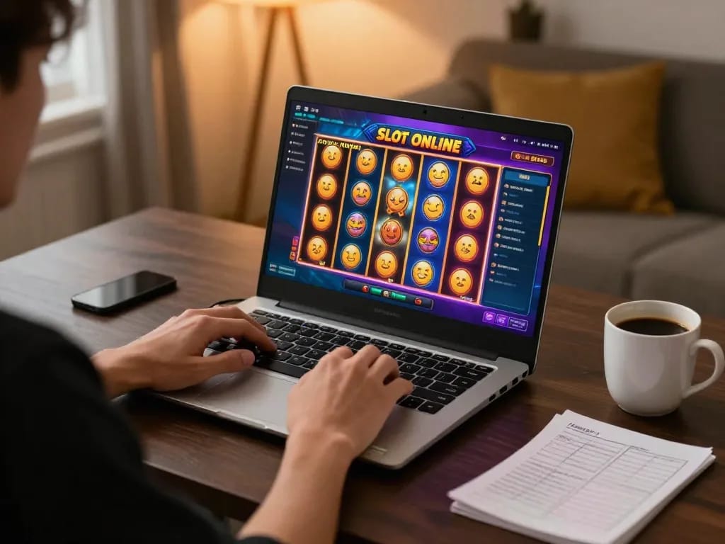 Playing Slot Online on a laptop shows exciting game graphics and a cozy atmosphere.