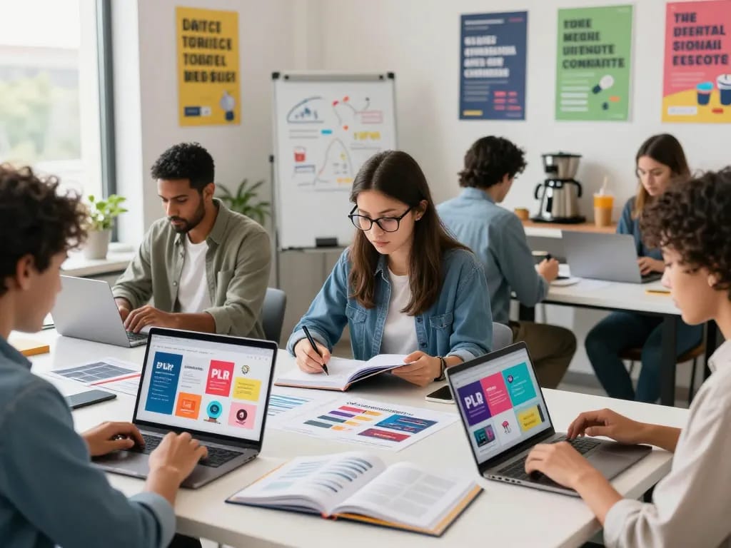 Buy PLR Digital Products in a vibrant digital workspace with entrepreneurs collaborating on laptops.