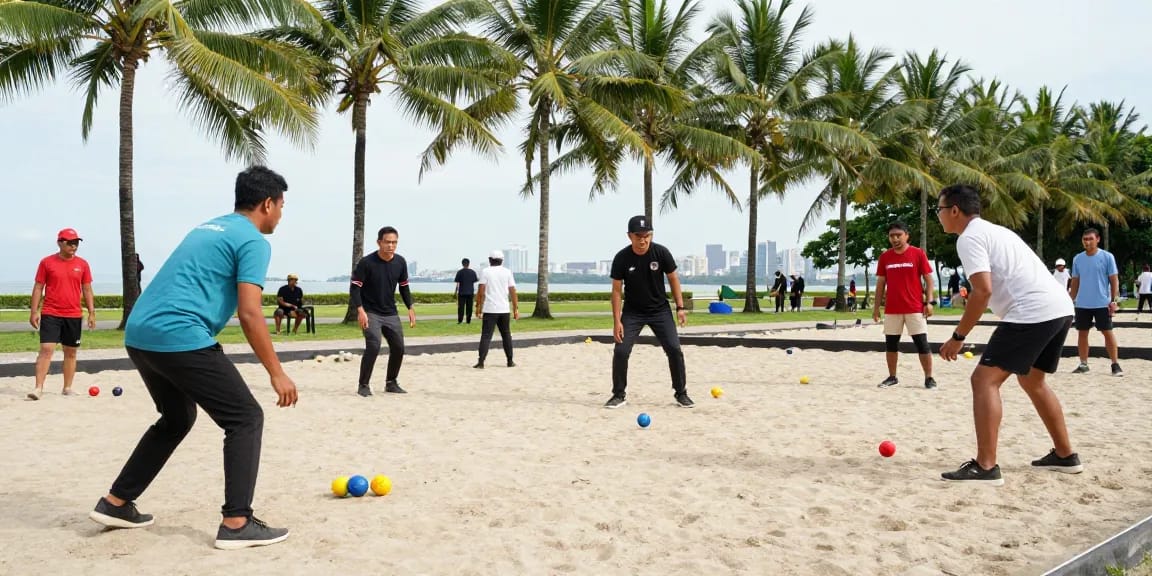 Aktivitas petanque di fopikotabalikpap.org, kelompok pemain bersenang-senang dengan bola berwarna cerah.