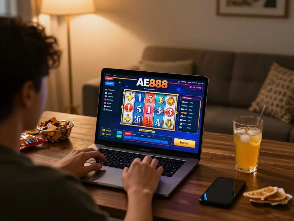 Playing on AE888 online casino platform with spinning reels in a cozy home office setup