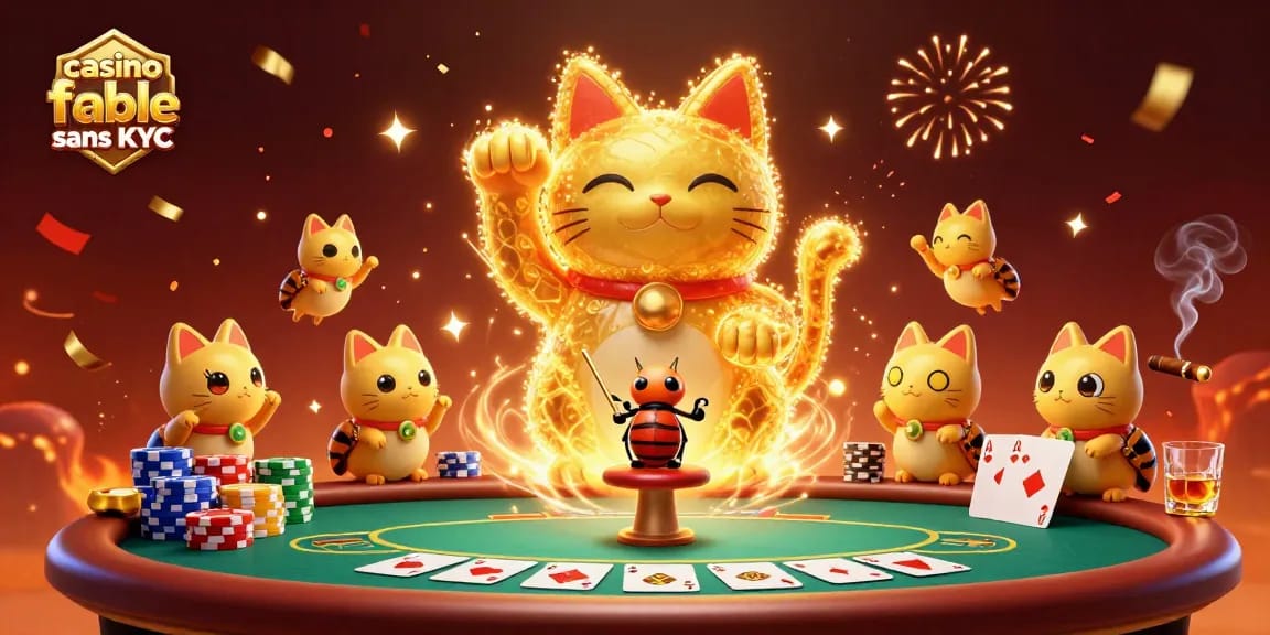 Découvrez le casino fiable sans KYC à travers une illustration animée riche en éléments de jeu et d'énergie.