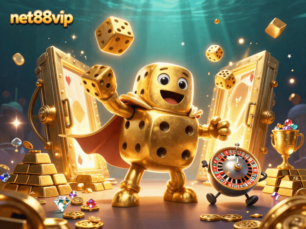 Engage in thrilling gameplay at net88vip with dynamic dice, golden treasures, and vibrant casino elements.