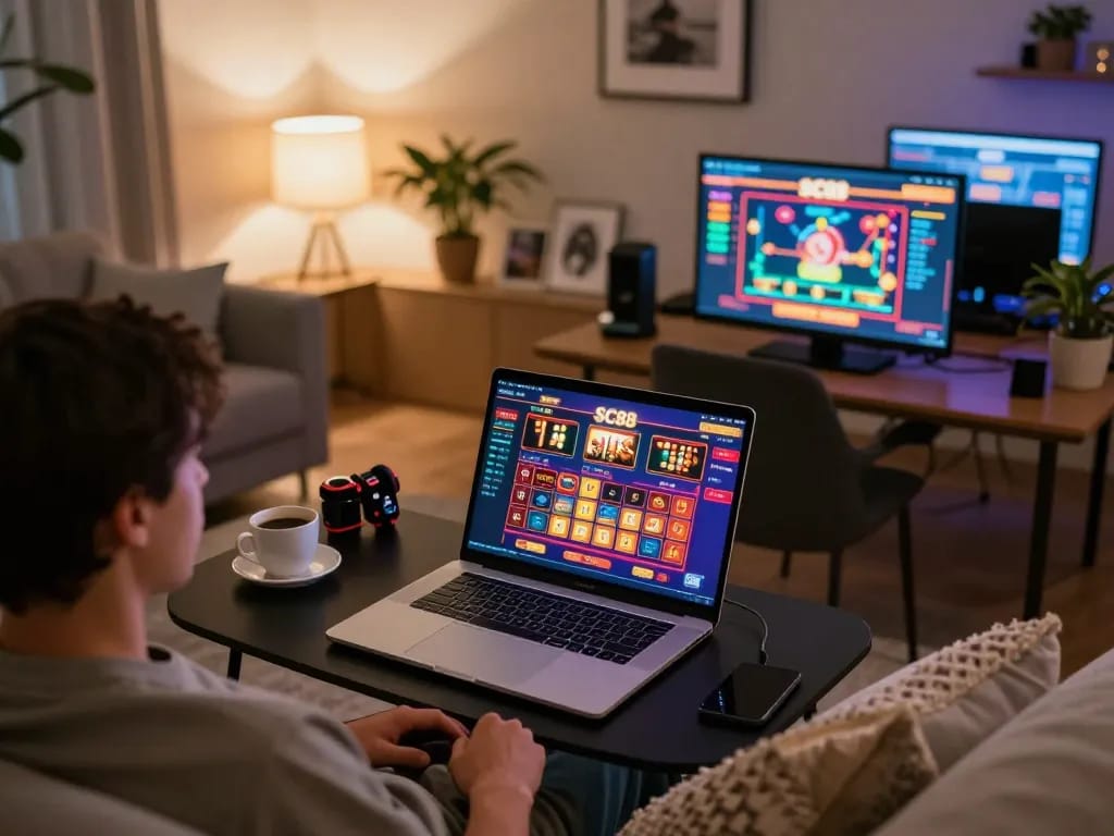 Person engaged in online gaming on SC88 platform from a cozy home setting, showcasing interaction with casino games