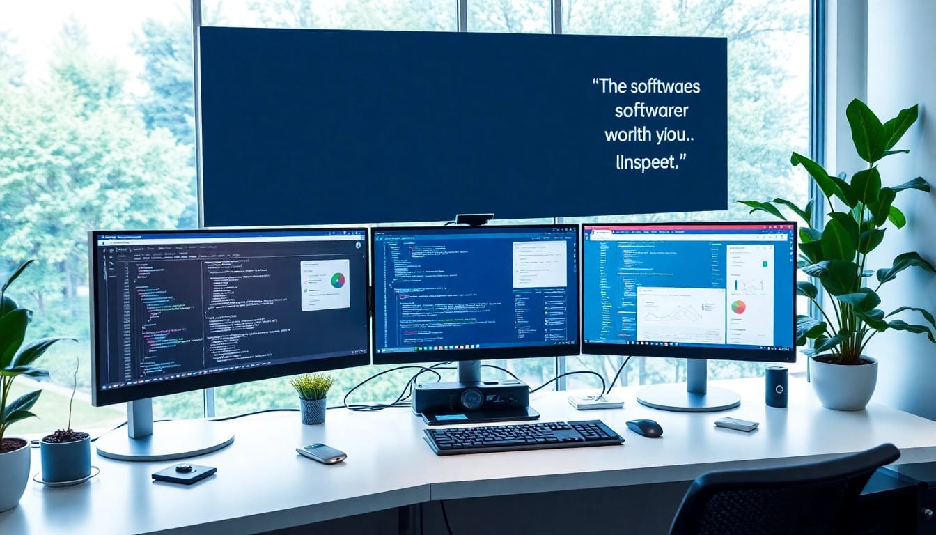 Software engineering workspace with multiple monitors and coding interfaces.