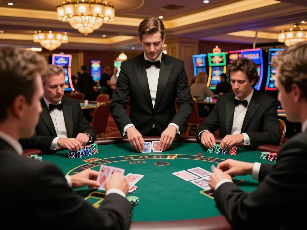 Players engaging in blackjack strategy at a casino table, exciting atmosphere with sc888 betting moments.