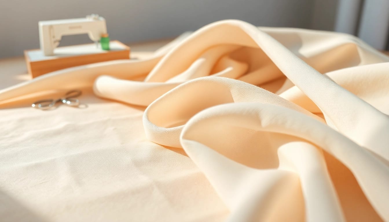 Mousseline stof mooi draped over een houten tafel met zacht licht en creatieve props.