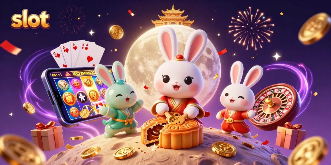 Putar slot dengan karakter kelinci bulan dalam grafis 3D yang menakjubkan dan elemen permainan kasino.