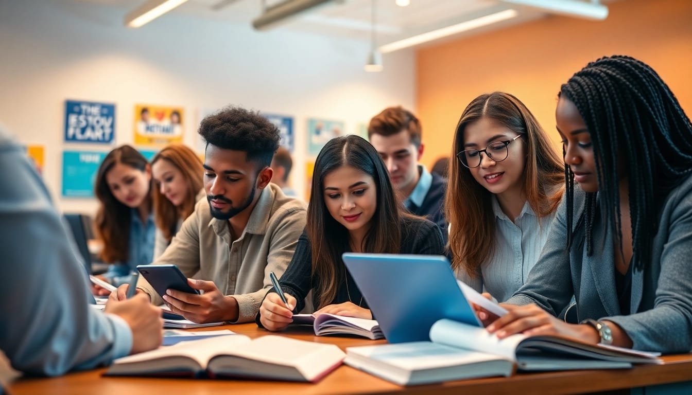 Engaged group studying for certification exam support in a bright, energetic environment.