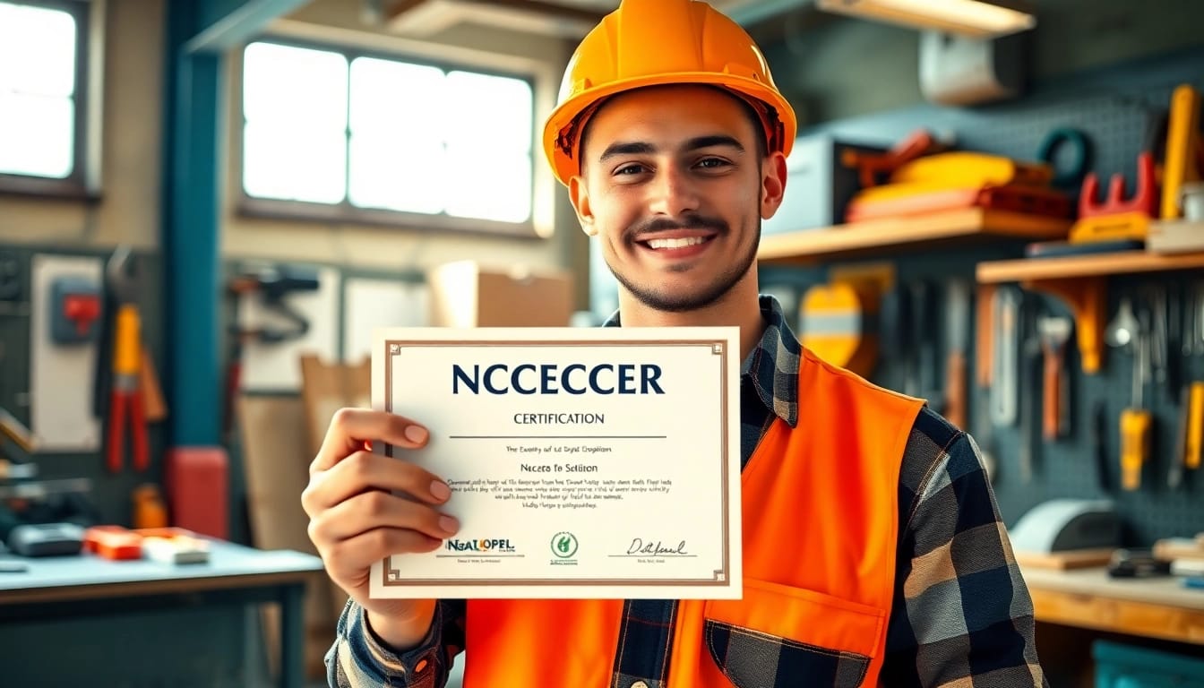 Achieve NCCER certification with a proud construction worker in a vibrant workshop setting.