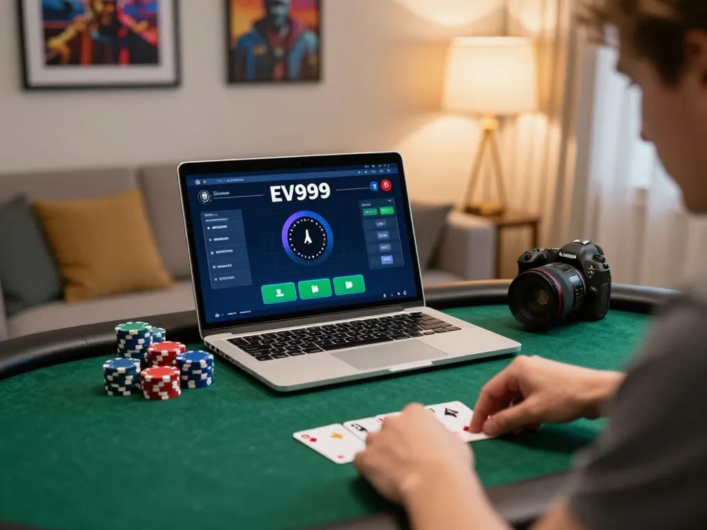 Player engaging with EV999 online poker interface, showcasing home gaming experience.
