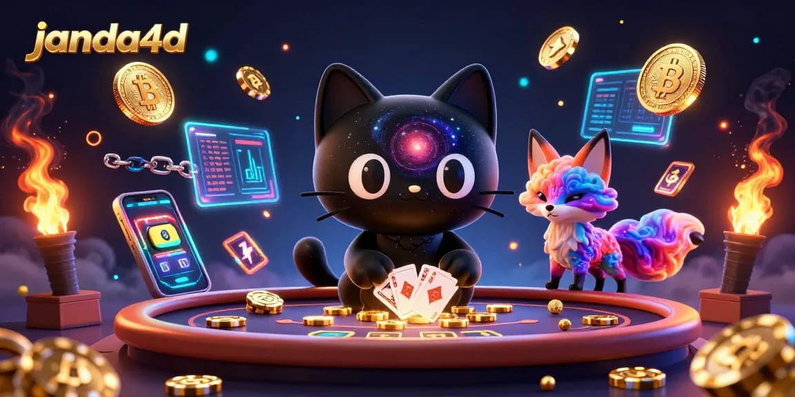 janda4d menarik chip emas di meja kasino dengan kucing hitam lubang hitam dan teman rubah nebula berwarna