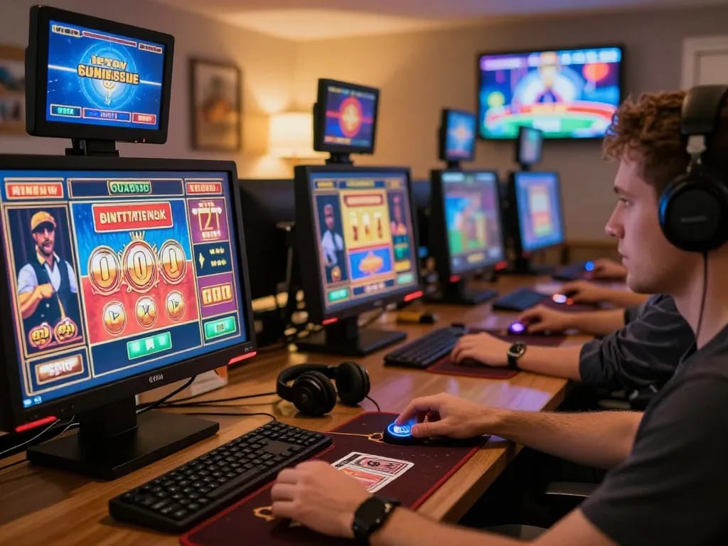 F168 player enjoying an online poker game with dynamic displays of chips and cards in a cozy setting.