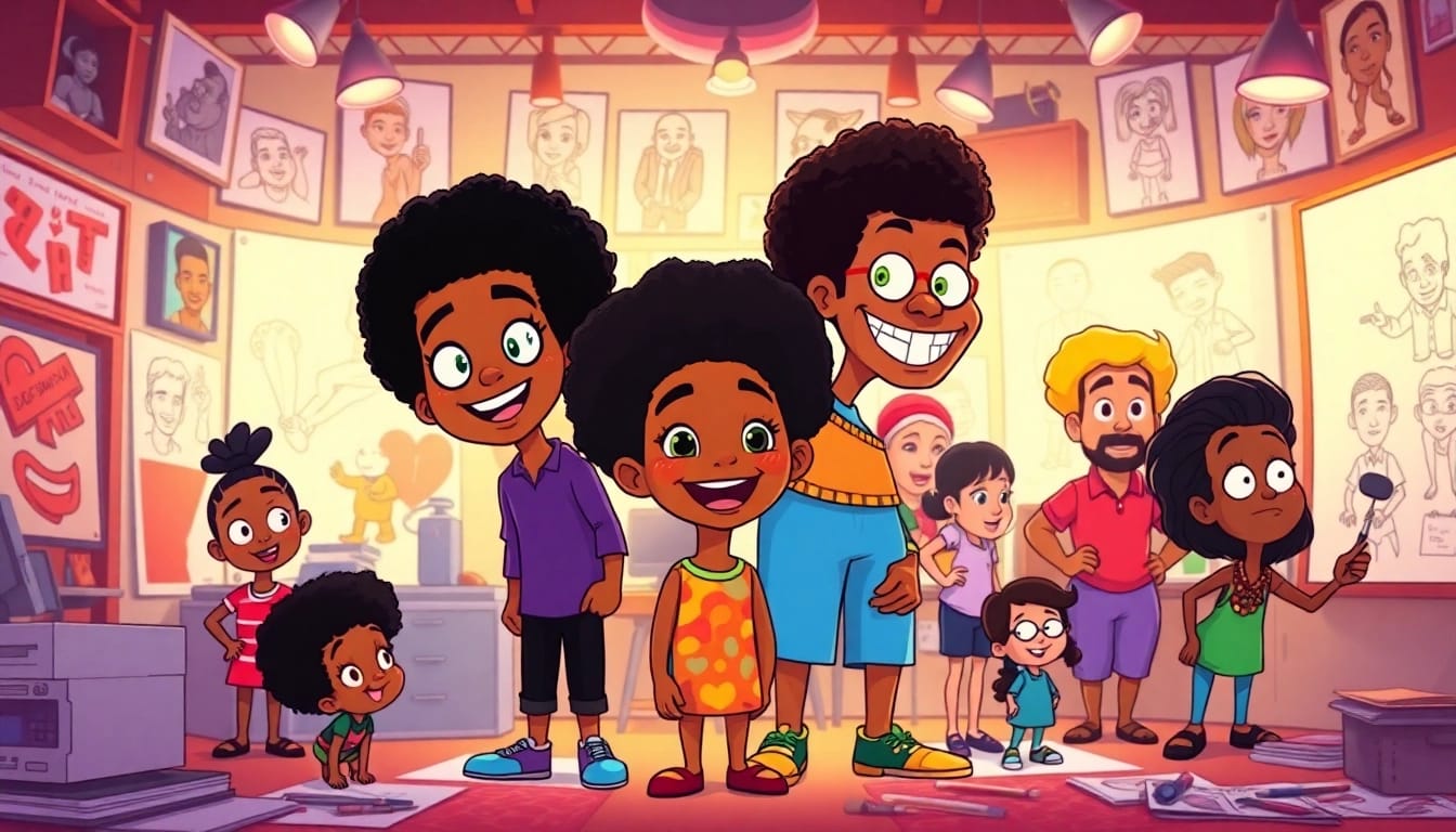 A creative scene featuring iconic African American Cartoons character designs and animation sketches in a vibrant studio.