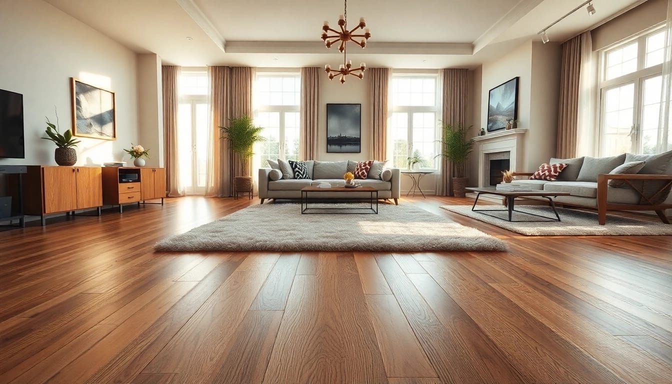 Renovated living room with flooring near me featuring elegant luxury vinyl textures and warm lighting.
