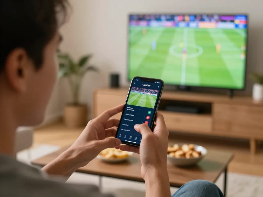 Experience the excitement of sports betting with open888 on a smartphone in a cozy living room.