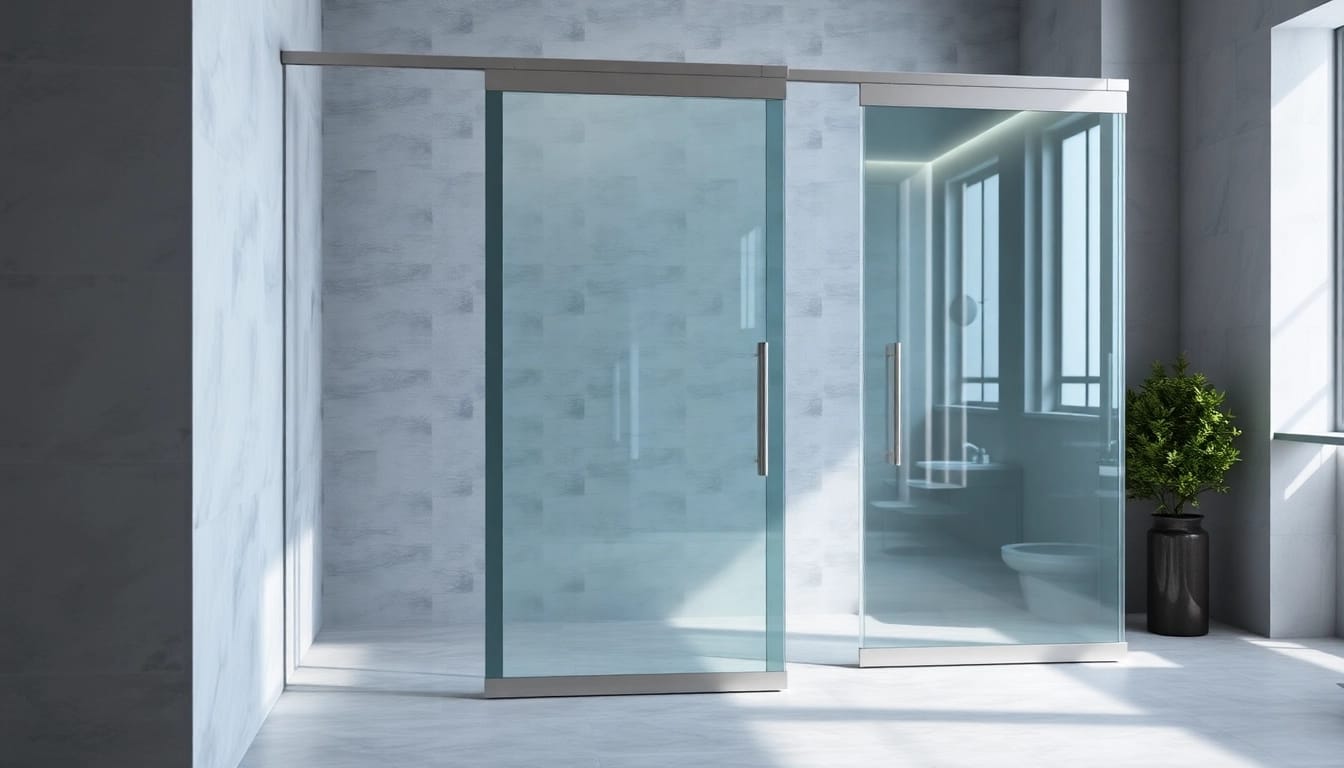 Showcasing sliding shower doors in a modern bathroom with minimalist design.