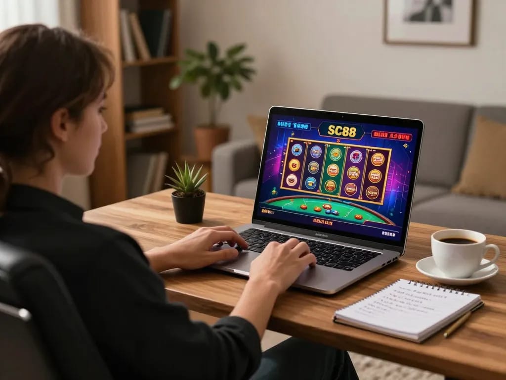 Player enjoying SC88 online games on a laptop in cozy home setup, showcasing vibrant gaming interface and strategic notes.