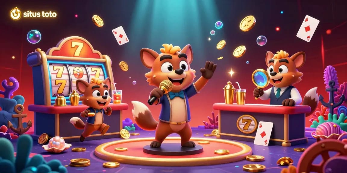 Situs toto hyena-themed casino illustration showing a stand-up comedian, bartender, and bouncer amidst dynamic slot game action.