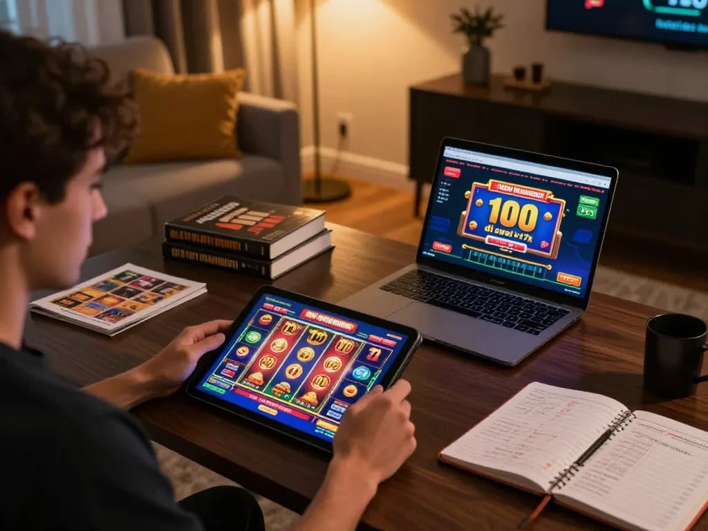 Engaging with slot bonus new member 100 di awal to 7x on tablet in a stylish gaming setup, showcasing online casino excitement.