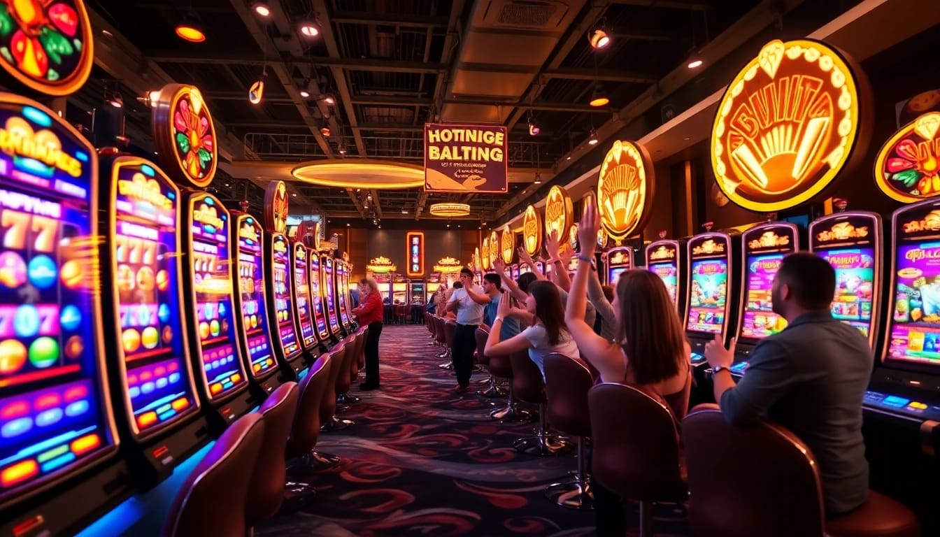 Exciting online gaming atmosphere featuring hoki138 pro with vibrant slot machines and players celebrating wins.