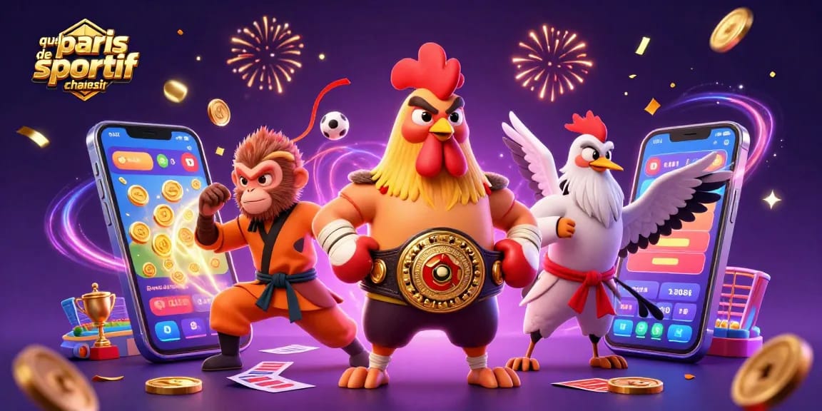 Plongez dans un univers palpitant avec quel site de paris sportif choisir, illustré par un coq de Muay Thai et un singe Shaolin.