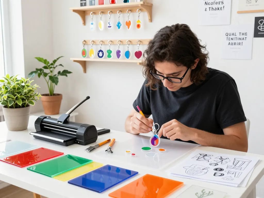 Vibrant workspace of an acrylic keychain maker showcasing colorful designs and crafting tools.