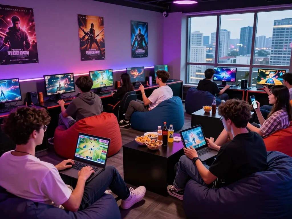Exciting gaming lounge filled with friends playing porno games on multiple devices.