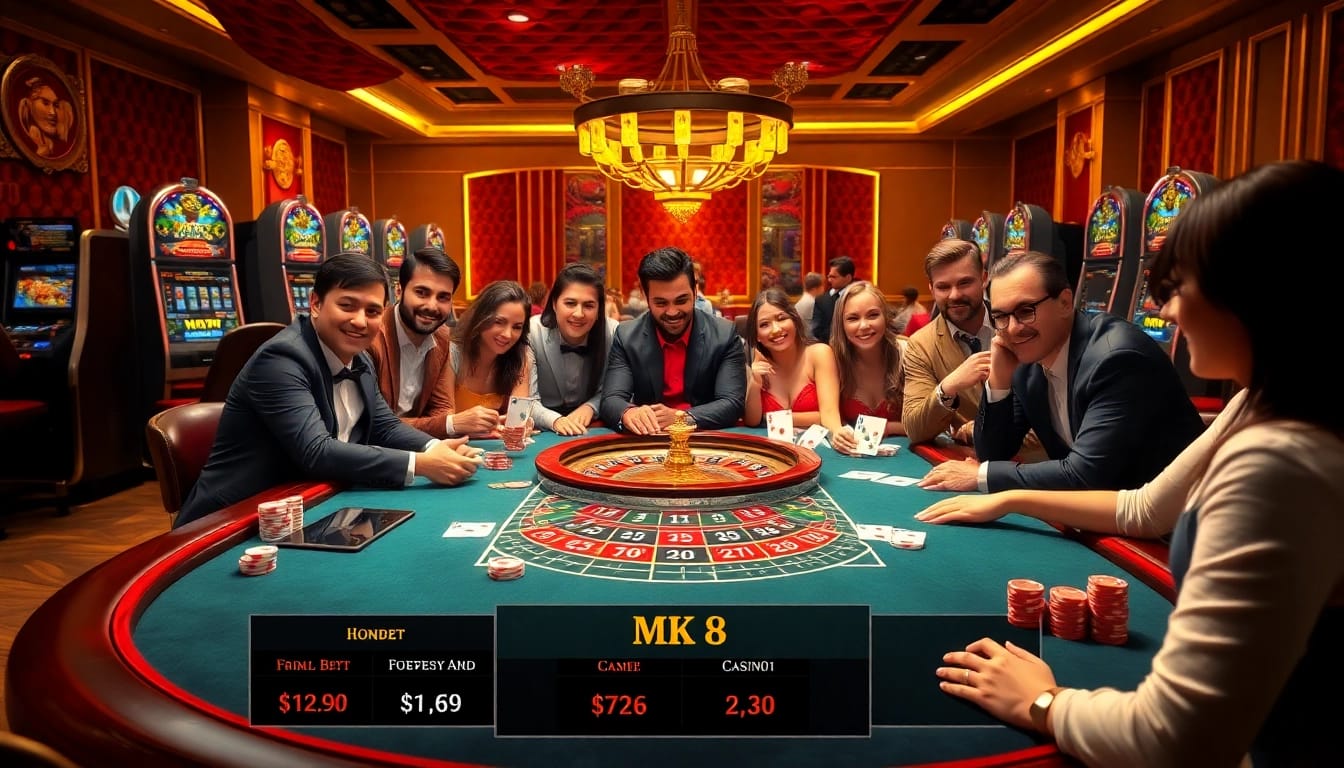 Engage in thrilling MK 8 betting action at an upscale casino table surrounded by vibrant slot machines and excited players.