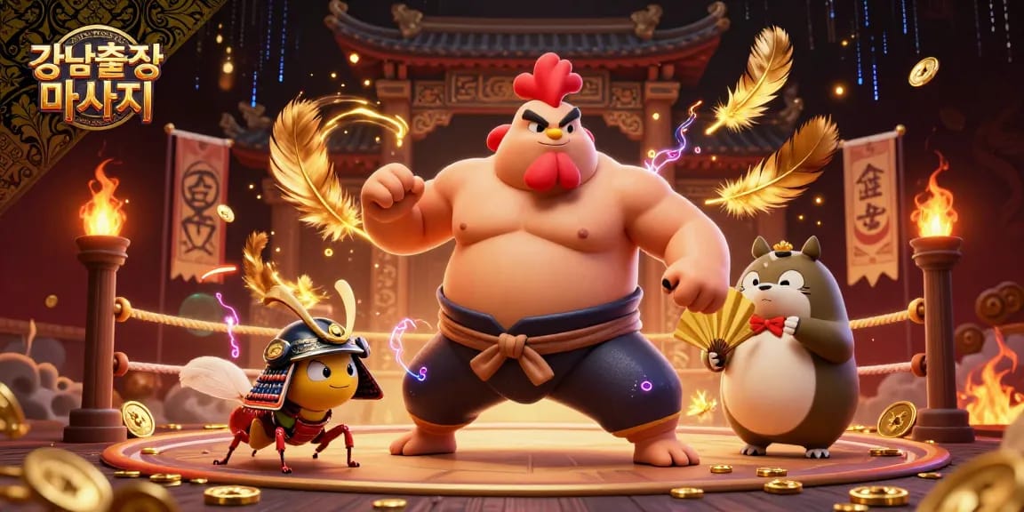 Experience 강남출장마사지 with a vibrant 3D scene featuring a sumo wrestler, a cricket, and a tanuki amidst a stylish gambling arena.
