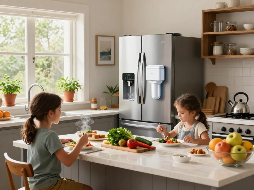 Overbest DA29-00020B Refrigerator Water Filter showcased in a modern kitchen during family meal prep, emphasizing water quality and health.