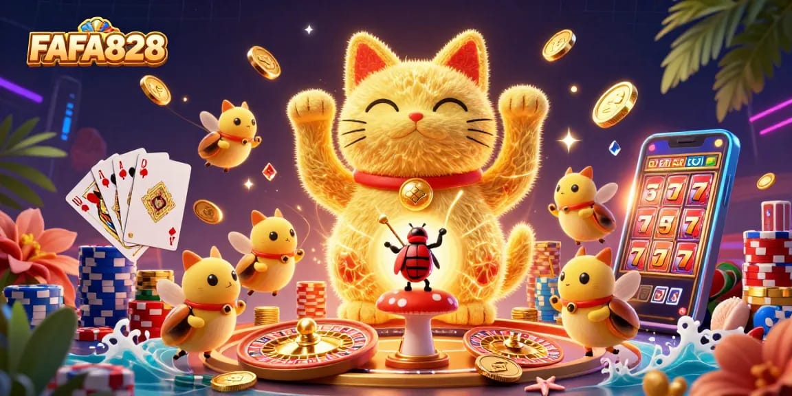 Experience FAFA828 with a vibrant 3D illustration of a lucky cat formed by golden fireflies and casino symbols.