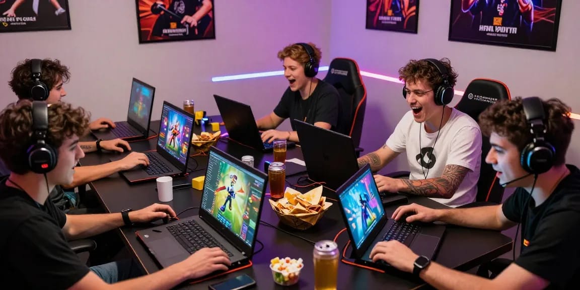 Engaging group playing html porn games on various devices in vibrant gaming space